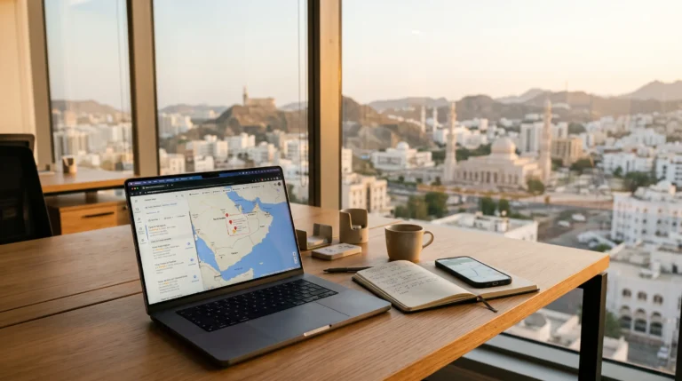 Local SEO in Oman strategy overview showing Google Maps pin over Muscat commercial district