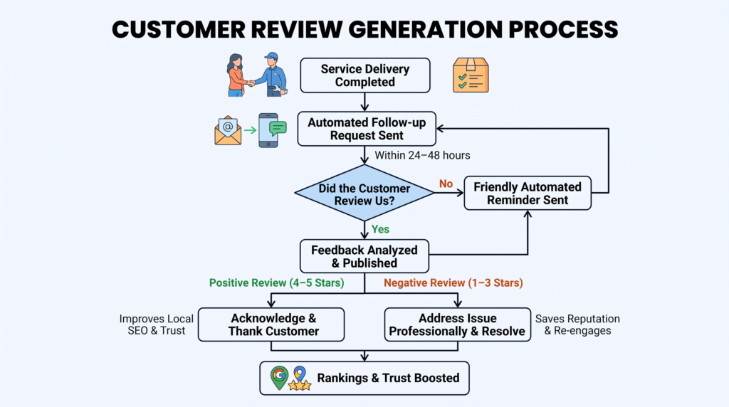 Flowchart showing the customer review generation process from service delivery to review response and publication