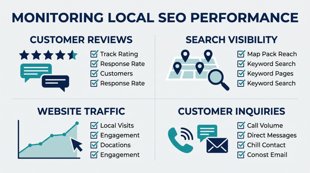 Local SEO infographic illustrating customer reviews, search visibility, website traffic, and lead tracking.