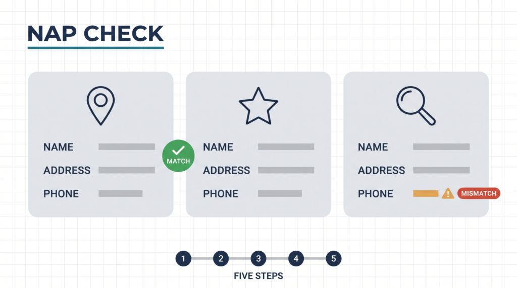 Infographic of local citations and NAP consistency comparing business name, address, and phone details across three directory listings, with one mismatch highlighted