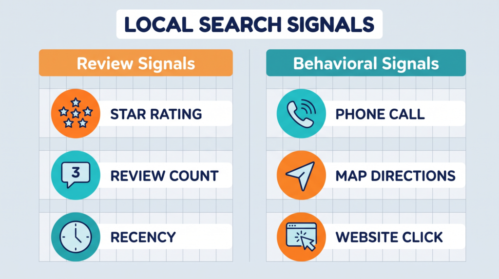 Infographic showing review and behavioral signals that affect local pack ranking factors