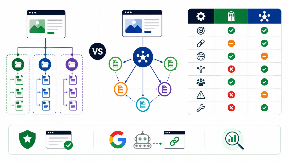 Website architecture for SEO infographic comparing silo architecture and hub-and-spoke structure through page diagrams and internal linking connections.